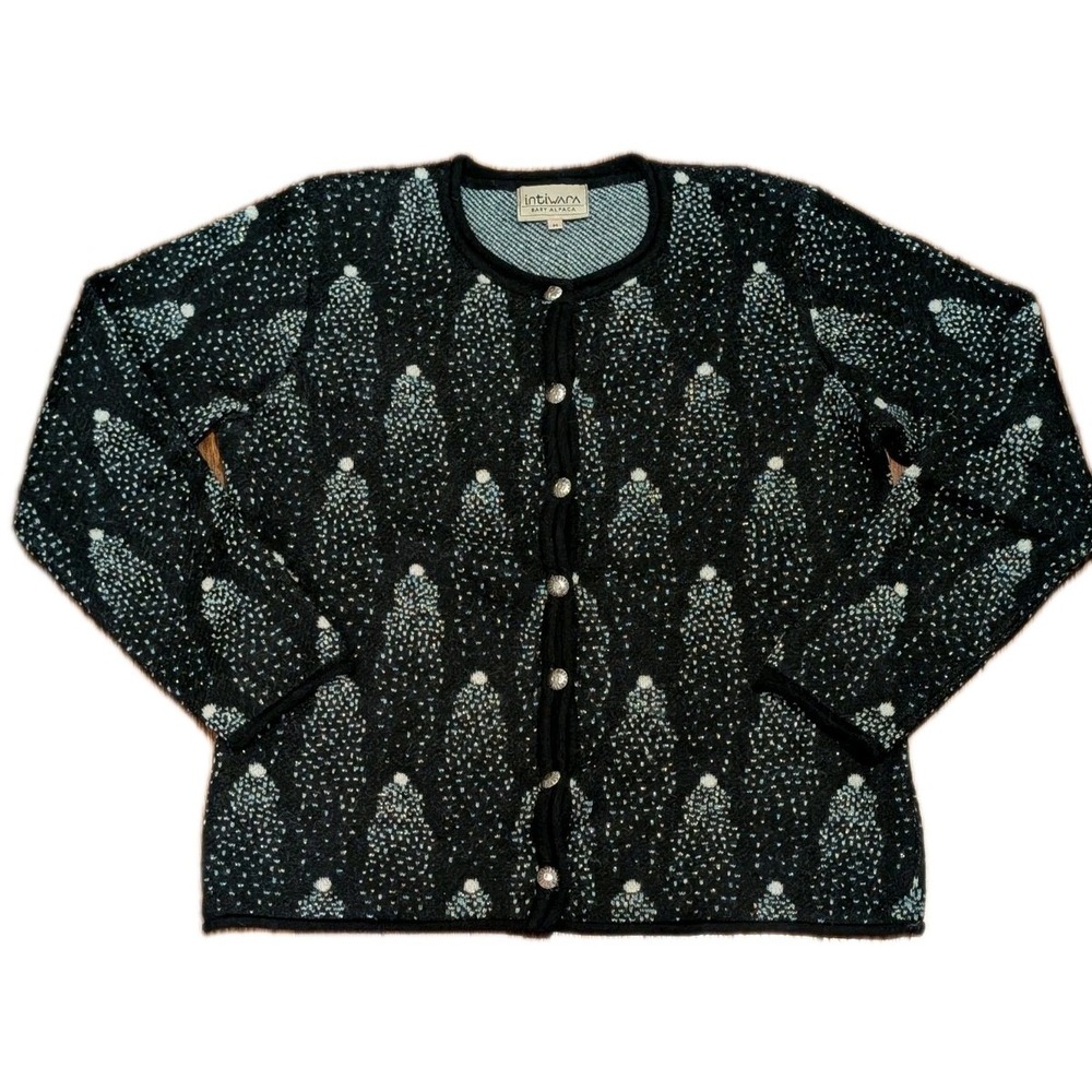Vtg Intiwara Baby Alpaca Cardigan Black Knit Luxury Soft Womens Medium Artisan